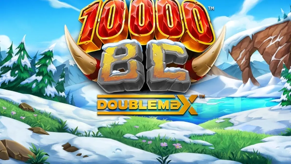 Tampilan visual slot 10000 BC DoubleMax dengan simbol hewan prasejarah dan gunung es.