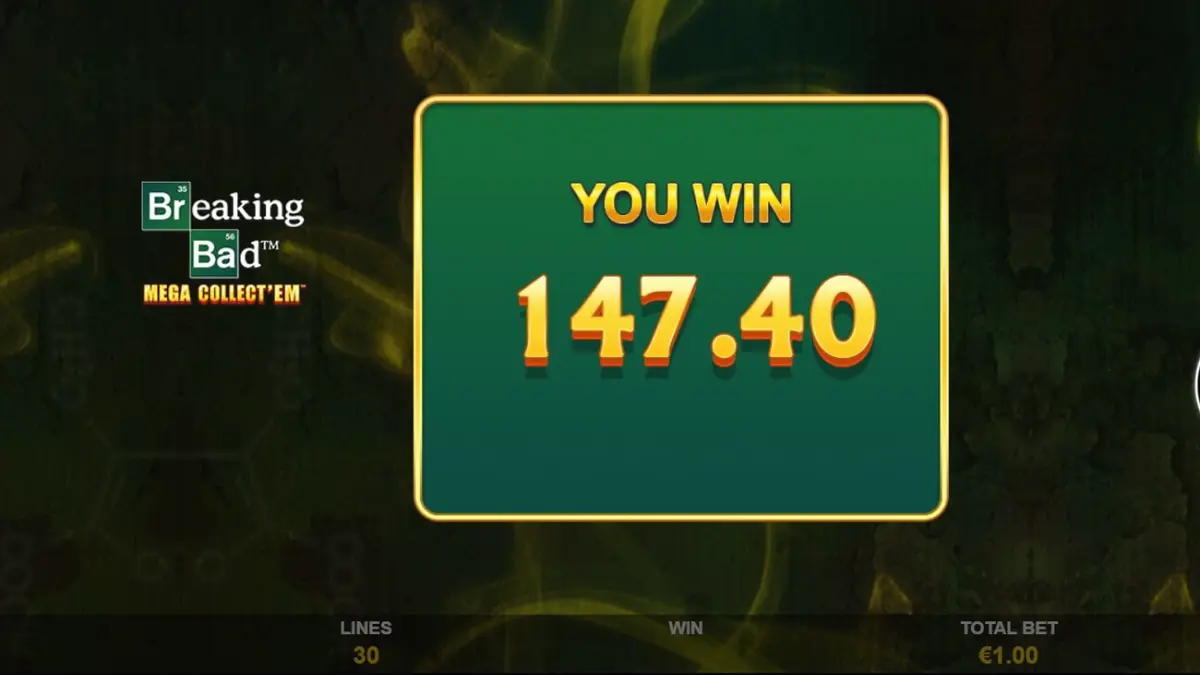 Breaking Bad Mega Collect’Em slot game interface featuring iconic characters and chemistry equipment