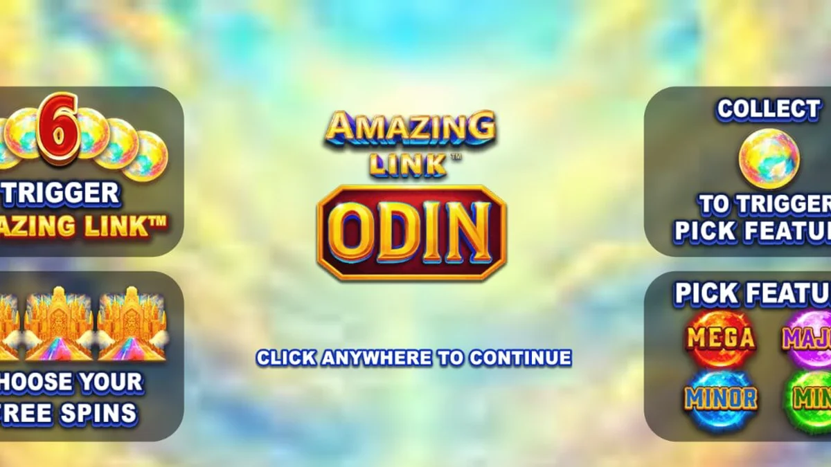 Tampilan visual slot Amazing Link Odin dengan latar belakang Asgard dan simbol-simbol mitologi Nordik.